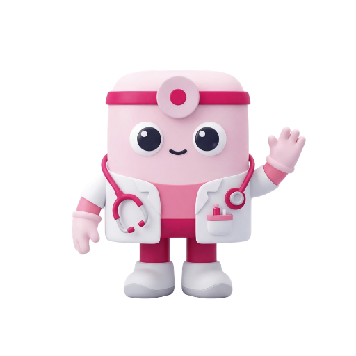 Klinik Uzmanı maskot logosu — pembe stetoskoplu doktor karakteri